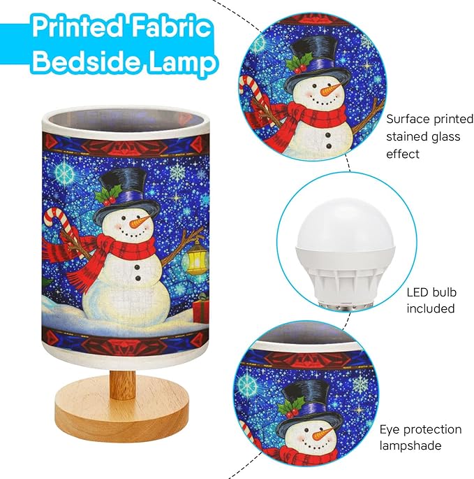 Cheerful Snowman Table Lamp LED 3-Color Pressed Bedside for Merry Christmas, Cheerful Snowman Shade Christmas Table Lamp with Wood Base for Bedroom Living Room Desk Office - Bloomnest