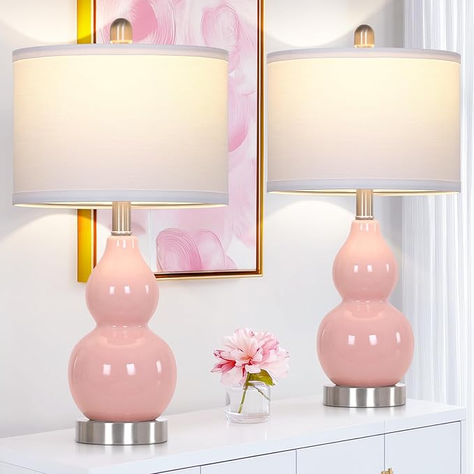 22" Double Gourd Ceramic Table Lamps Set of 2, Pink Modern Bedside Lamps for Living Room, Contemporary Nightstand Desk Lamps for Bedroom End Table Home Office Decor(2 LED Bulbs Included) - Bloomnest