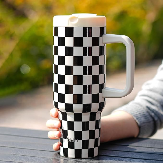 ProTour 100% Leakproof 40 oz Tumbler with Handle & 4-in-1 SipSwig Lid | Built-In Flip Straw & External Stainless Steel Straw | Insulated Stainless Steel Cup | BPA-Free | Black & White Checkered - Bloomnest