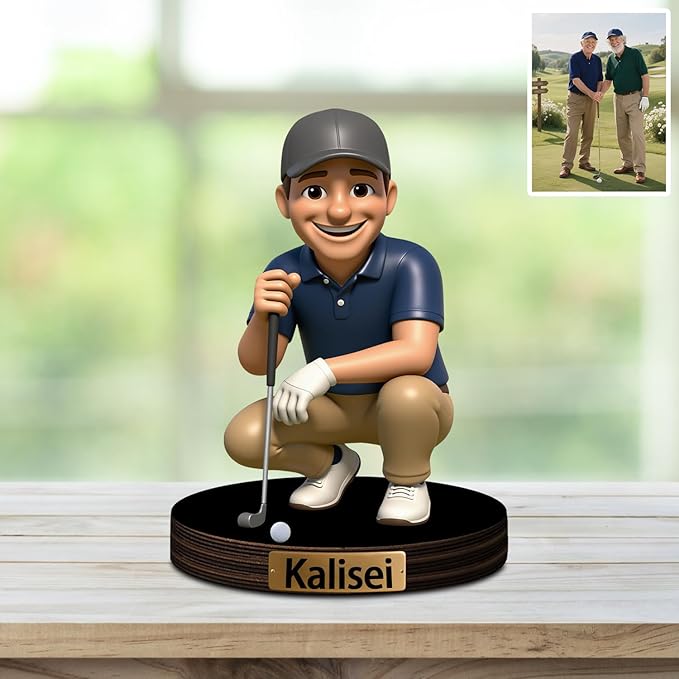 Custom Golf Photo Cartoon Style Desk Decor with Wooden Base, Personalzied Golf Lover Cartoon Photo Picture Portrait Sculpture Frame Acrylic Sign Plaque Gifts for Women Men Couple Family - Bloomnest