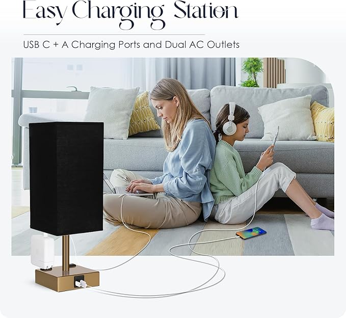 Bedside Lamp with USB Ports - Touch Control Table Lamp for Bedroom with USB C+A Charging Ports & AC Outlets, 3 Way Dimmable Nightstand Light for Living Room (LED Bulb Included, Brass - Black) - Bloomnest