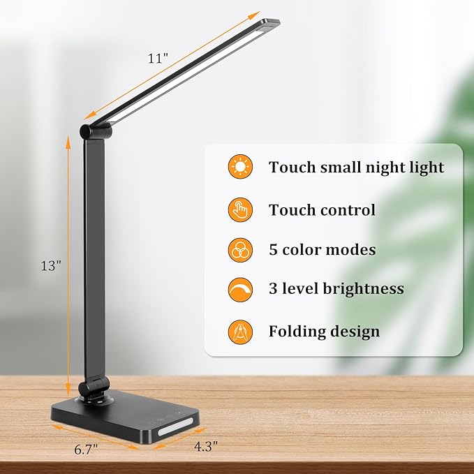 LED Desk Lamp with USB Ports,Touch Desk Lamps for Home Office with 5 Color Modes,3 Brightness Desk Light with Small Night Light,Reading Lamp Table Lamp for Bedroom Bedside Study Black （with adapter） - Bloomnest