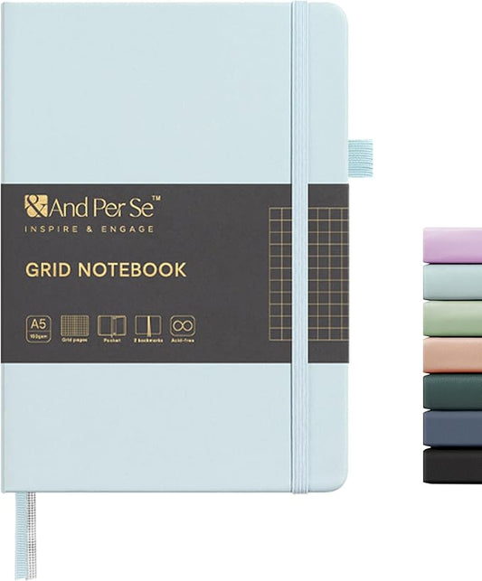 &And Per Se Graph Journal Notebook, 160 Pages, A5 5.7 x 8 inches 100 gsm Thick Paper Notebook Journals for Writing, Grid Hardcover Notebook(1 Pack, cyan)