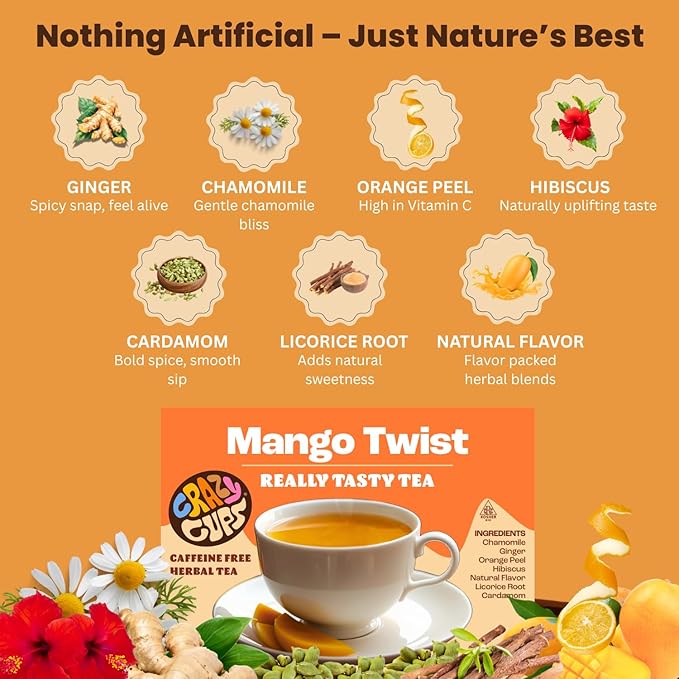 Crazy Cups Mango Twist Herbal Tea Pods, 22 Count | Caffeine Free, Kosher Certified, Fruity Tropical Chamomile Blend with Ginger & Hibiscus, K Cup Compatible, Vegan, Gluten Free Herbal Tea - Bloomnest