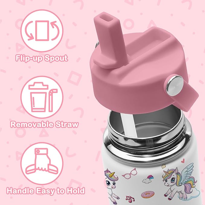 Unicorn Water Bottle, 16oz Unicorn Girls Stainless Steel Insulated Water Bottle with Straw Lid, Unicorns Cup Tumbler Birthday Gifts for Kids Teen Girls School - Bloomnest