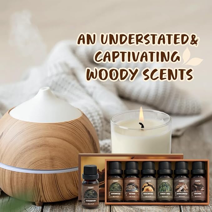 SALUBRITO Woody Fragrance Oils Set, Wood Essential Oil Set for Diffuse, Forest Pine, Sandalwood, Leather, Teakwood, Myrrh, Cedarwood Scented Oil for Candle, Soap Making - Bloomnest