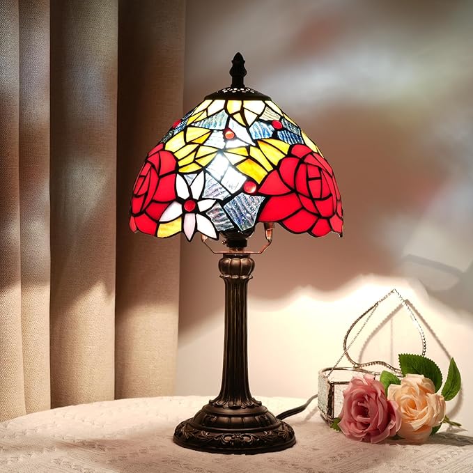 Tiffany Lamp Bedside Table Lamp-Nightstand,Stained Glass Lamp for Bedroom Dorm Living Kitchen, Aesthetic Cute Home Decor Gift (Rose) - Bloomnest