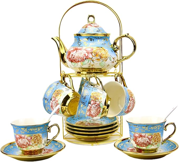 20 Pieces Porcelain Tea Set With Metal Holder, European Ceramic tea set for adults,Flower Tea Set,Tea Set For Women With Flower Painting - Bloomnest