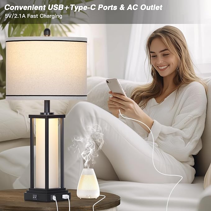 27" Tall Vintage Table Lamp Set of 2 with USB C+A & Outlet,Black Industrial End Table Lamp for Living Room,Farmhouse Rustic Bedside Lamps with Frosted Glass Night Light for Bedroom Nightstand,Black - Bloomnest