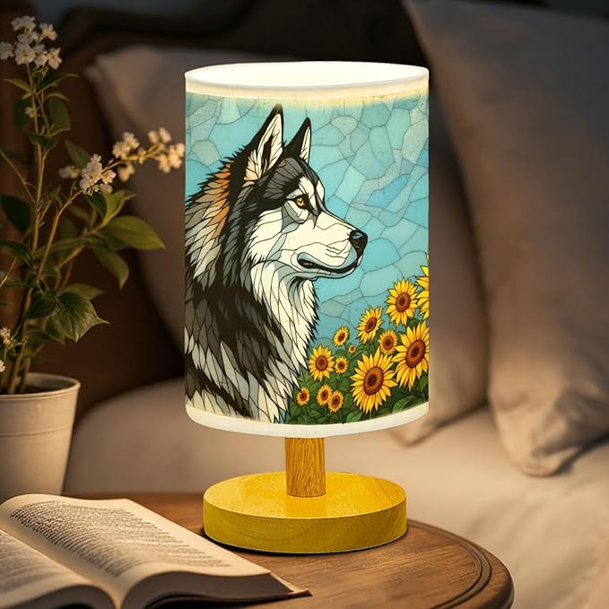 Alaskan Malamute Table Lamp LED 3-Color Pressed Bedside, Dog Shade Lamp with Wood Base for Bedroom Living Room Desk Office - Bloomnest