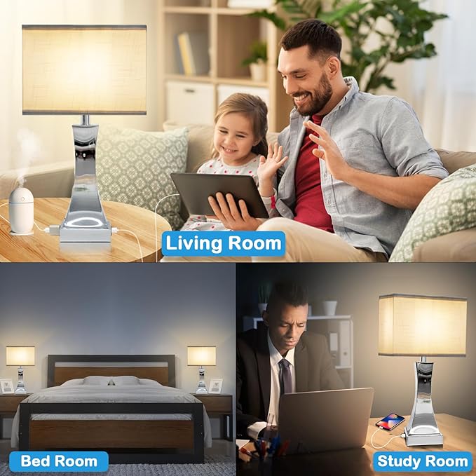 Table Lamp for Bedroom 3-Way Dimmable Touch Control Chrome Bedside Lamp with USB A+C Port & AC Outlet 21.6" Tall Nightstand Lamp for Living Room Office and Hotel Bulb Included - Bloomnest