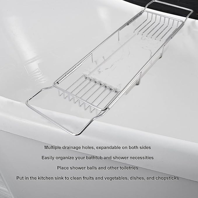 Haofy Expandable Bathtub Tray, Metal Marble Bathtub Caddy Tray, Bathtub Rack Shelf, Bathtub Rack Across Tub for Bathroom (Silver White) - Bloomnest