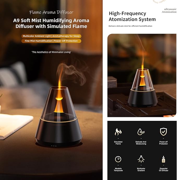 Ultrasonic Aroma Diffuser with Simulated Flame, 150ml, Timer and Auto-Off, LED Ambient Light (White) - Bloomnest