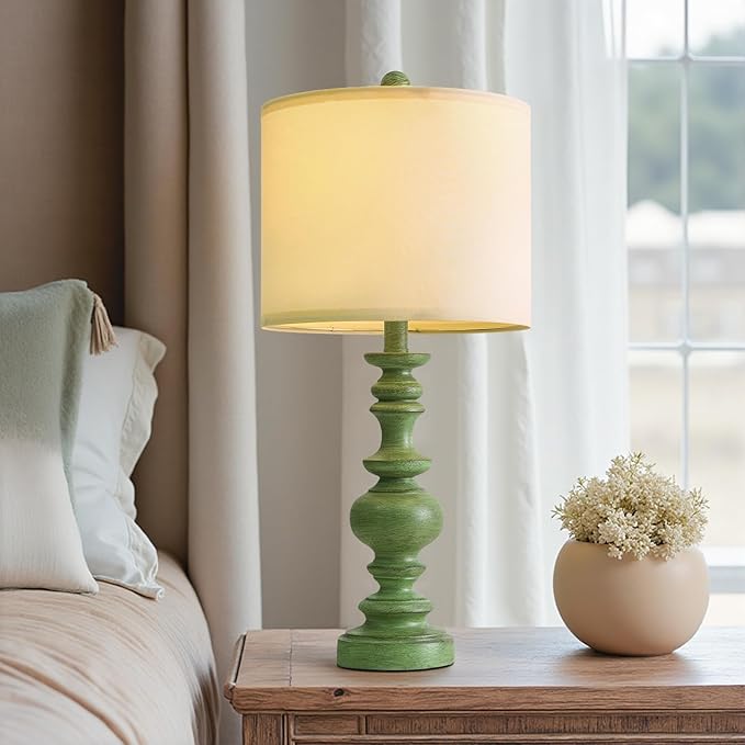 BOBOMOMO 24" Farmhouse Table Lamps Set of 2 – Sage Green Bedside Lamps with Linen Shades, Medium Traditional Lamps for Living Room, Bedroom, and Entryway, Vintage Lamp with Soft Natural Serenity - Bloomnest