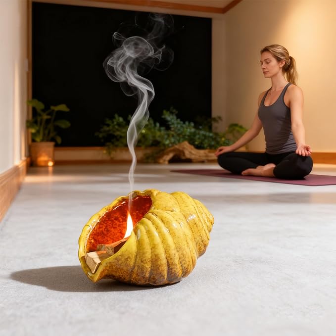 Yellow Ceramic Conch Palo Santo Holder - Mini Chimney Incense Burner, Tabletop Smudge Bowl Compatible with Sage/Sticks/Cones/Copal,for Yoga、Zen Meditation、Witchcraft, Ideal Altar Decor Gift - Bloomnest