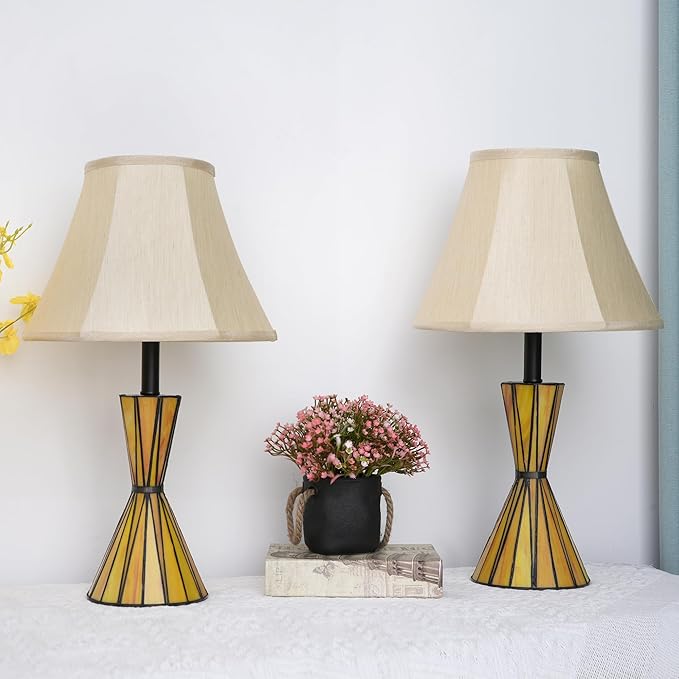 Modern Table Lamps Set of 2 with Hand Crafted Stained Glass Night Lights 3-Way Dimmable Bedside Lamps with Yellow Fabric Shades for Home Decor - Bloomnest