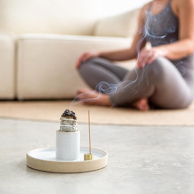 Ceramic Sage Holder for Burning 3 in 1 - Sage Smudge Kit - Incense Holder for Sticks - Palo Santo Holder - White Sage Burner - Altar Supplies Decor - White Sage, Palo Santo, Incense Sticks Included Amarcado