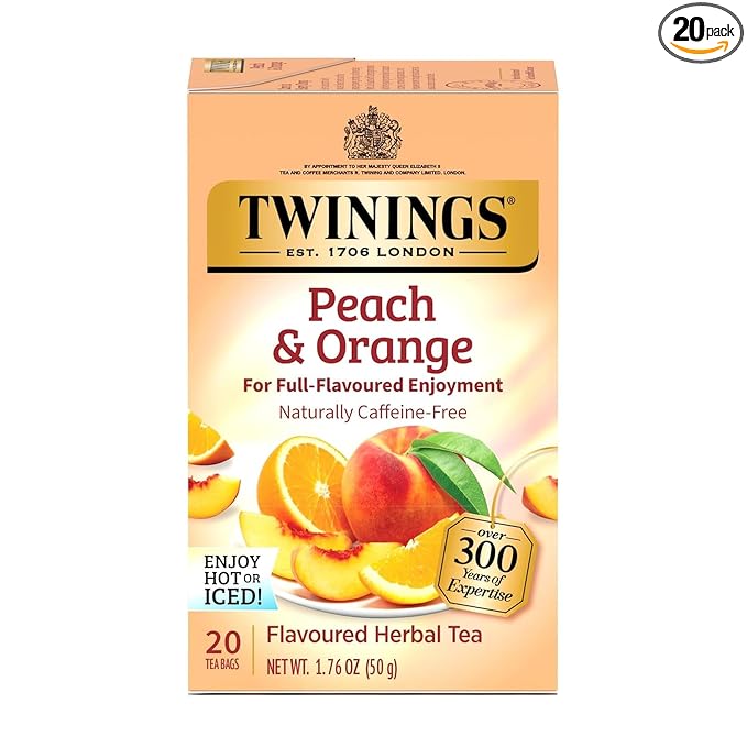 Twinings Peach & Orange Herbal Tea Individually Wrapped Bags, 20 Count (Pack of 1), Juicy & Fruity, Naturally Caffeine-Free, Enjoy Hot or Iced, 20 Teabags - Bloomnest