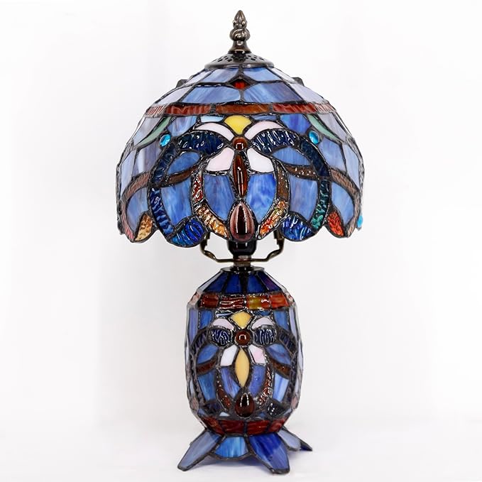 Small Tiffany Lamp Stained Glass Table Lamp Mini Mother Daughter Vase Desk Accent Night Light for Bedroom Bedside Reading Home Antique Style 8X14 Inches (Blue Purple) - Bloomnest