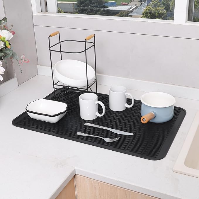 Silicone Dish Drying Mat for Multiple Usage,Easy clean,Eco-friendly,Heat-resistant Silicone Mat for Kitchen Counter or Sink,Refrigerator or Drawer Liner Black 3XL 28 inches x 18 inches - Bloomnest