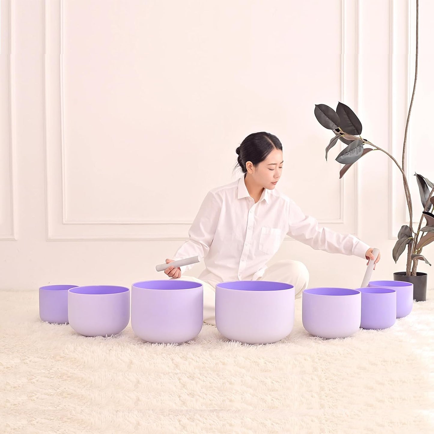 Hye-eun 432hz Purple Crystal Singing Bowls Set of 7Pcs Quartz Frosted Sound Chakra Bowls with Carrying Case for Yoga Meditation Healing Percussion Instruments