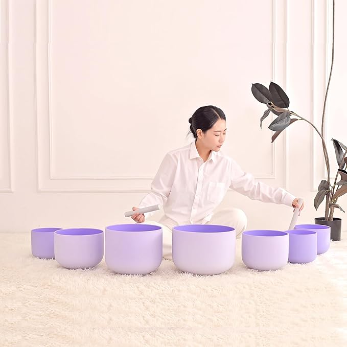 Hye-eun 432hz Purple Crystal Singing Bowls Set of 7Pcs Quartz Frosted Sound Chakra Bowls with Carrying Case for Yoga Meditation Healing Percussion Instruments - Bloomnest