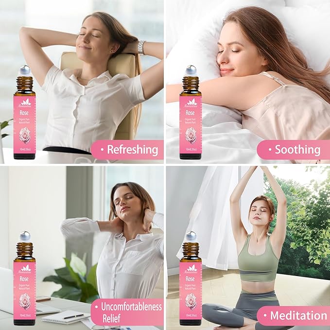 Rose Essential Oil Roll On, Mumianhua Diluted Rose Oil Touch Essential Oil, Aromatherapy Roller Oil for Skin, Body, Hair, Women,Men,Relaxation, Mood Balance, Massage 0.33 Fl Oz - Bloomnest