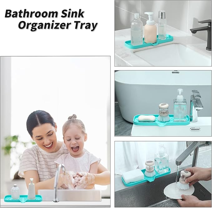 Silicone Bathroom Soap Dishes with Drain Spout-Bathroom and Kitchen Sink Organizer,Sponge Holder,Dish Soap Tray,Perfect for Dispenser,Scrubber,Bottle,Cup on Sink or Counter-Mint 12"×4" - Bloomnest