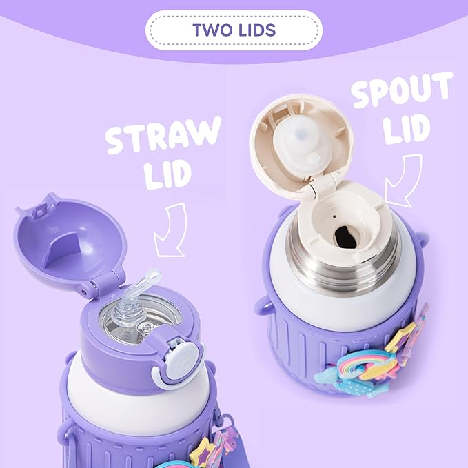Kids Insulated Tumbler Set – 16oz Stainless Steel Water Bottle with Straw & Pour Lids, Screw-On Cup, Adjustable Strap, Silicone Sleeve & Charms – Leakproof BPA-Free Bottle for Boys & Girls - Bloomnest