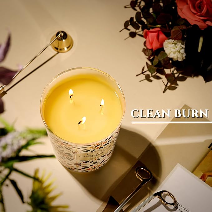 HomeLights 3-Wick Candles for Home Scented - 34oz Soy Wax Blend Candle Long-Lasting Fragrance, Bohemian Natural Textures Home Decor and Housewarming Gifts, Peach Blossom Freesia - Bloomnest