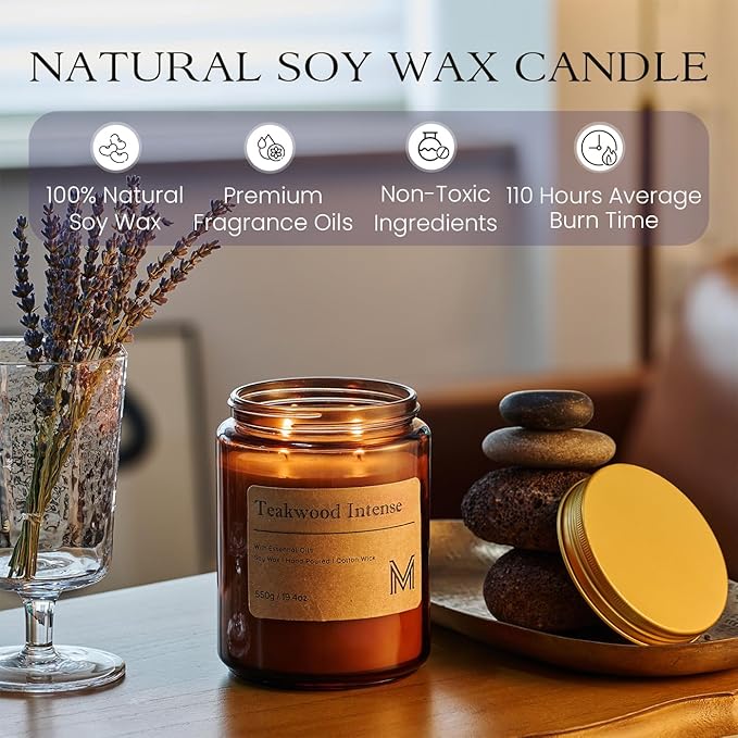 M&SENSE Teakwood Intense Home Scented Candle | 19.4oz, 116-Hour Burn | Natural Organic Soy Wax | Long-Lasting for Stress Relief and Gifting | for Bedroom，Relaxing SPA，Office - Bloomnest