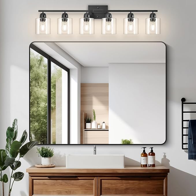 Modern 6 Light Bathroom Light Fixtures,38 inch Vanity Lights for Bathroom with Clear Glass, Black Vanity Light for Mirror Kitchen Living Room Hallway Cabinet Porch - Bloomnest