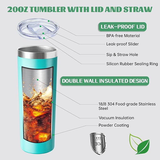 20 oz Skinny Tumbler with Lid and Straw,Stainless Steel Vacuum Insulated Tumbler Cup Double Wall Leak-proof Coffee Mug,Travel Thermal Water Tumbler for Home,Office,Outdoor(Teal,1) - Bloomnest
