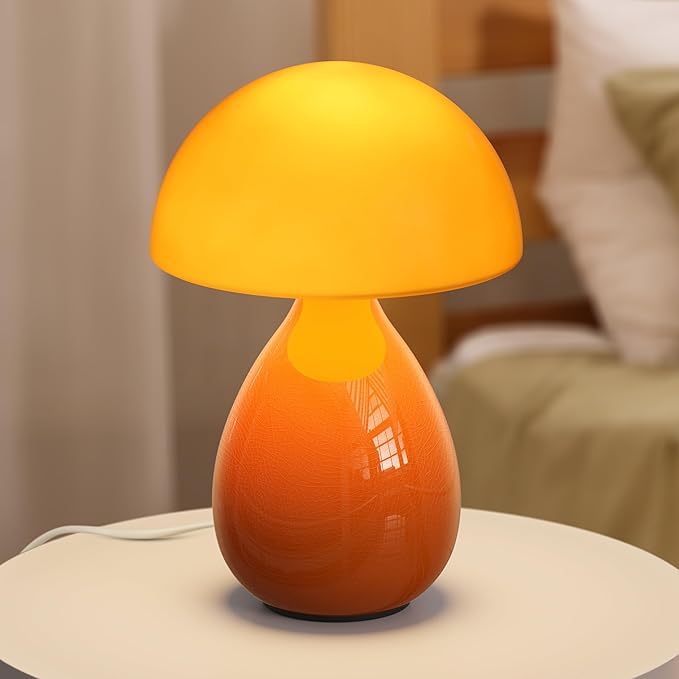 Mushroom Lamp Table Lamp, Mini Modern Lamp Bedside Nightstand Light Desk Cute Small Light Dimmable for Bedroom, Living Room, Ceramic Base Glass Led Home Decor for Woman Children Gifts - Bloomnest