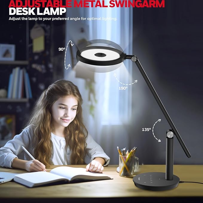 Honeywell Desk Lamp for Home Office, H6 Sunturalux™ Eye-Caring Led Desk Light, 800LM Dimmable Desk Lamp with Timer, Touch Control Tall Desk Reading Light, Table Lamp for Circle Webcam, Study, Bedroom - Bloomnest