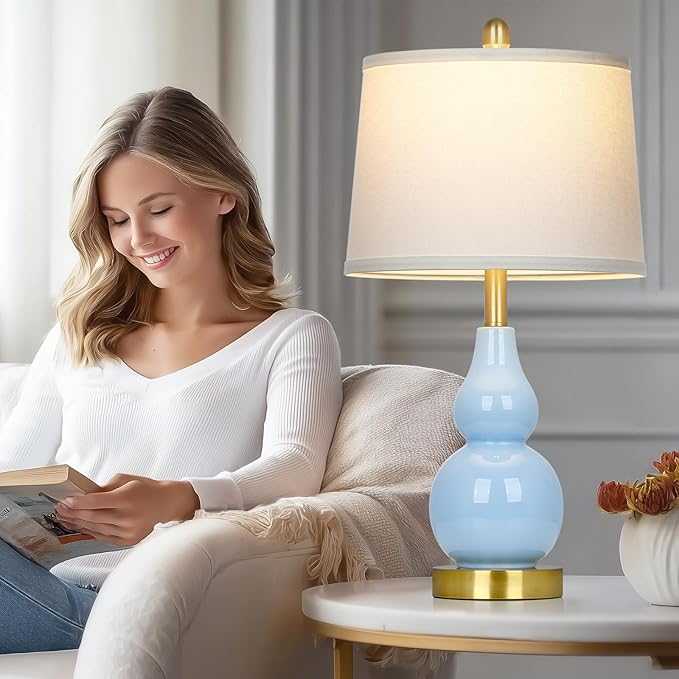 25" Modern Ceramic Table Lamps Set of 2, Blue Double Gourd Ceramic Lamps for Living Room, Coastal Farmhouse Rustic Bedside Nightstand Nautical Lamps for Bedrooms Home Office Dorm(2 LED Bulbs Included) - Bloomnest