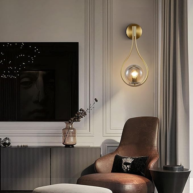 KCO Lighting Modern Vintage Gold Teardrop Wall Sconce Farmhouse Globe Wall Light Fixture Cordless Sconces Wall Lighting for Stairwell Bathroom Bedroom (Gold + Smoke Grey) - Bloomnest