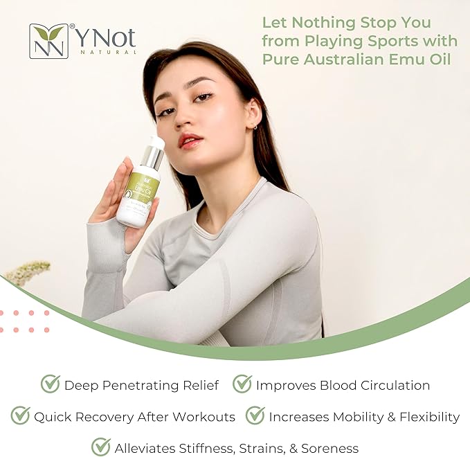 Sports Oil Muscle Rub with Pure Emu Oil, Omega 3 6 9, Tea Tree, Vitamin E, & Essential Oils - 100ml Oil Soothing for Muscle Stiffness & Skin Discomfort by Y-Not Natural