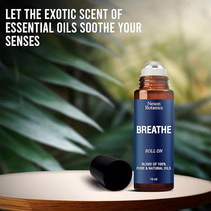 Breathe Essential Oil Roll-On Blend 10 ml - Pure Eucalyptus, Peppermint & Rosemary Oils Roller for Clear Breathing & Respiratory Support - Nexon Botanics - Bloomnest