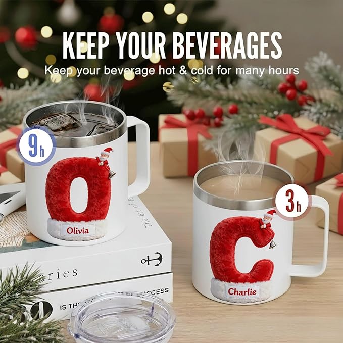 Personalized Santa Hat Mug | Custom Initial Insulated Christmas Coffee Cup with Handle & Lid | 12oz Holiday Tumbler, Cute Stocking Stuffer Gift for Kids & Family (B13) - Bloomnest