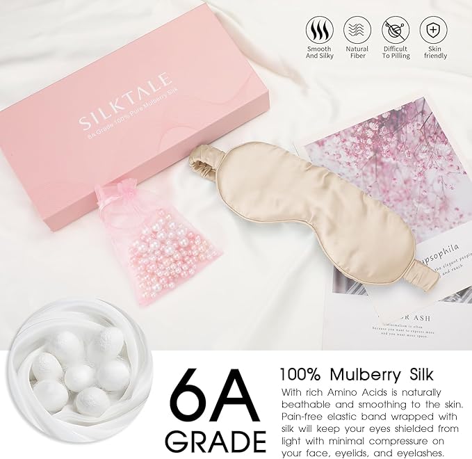 Soft Real Silk Light Blocking Cooling Sleep Eye Mask for Women/Men/Travel/Airplane,Beige - Bloomnest