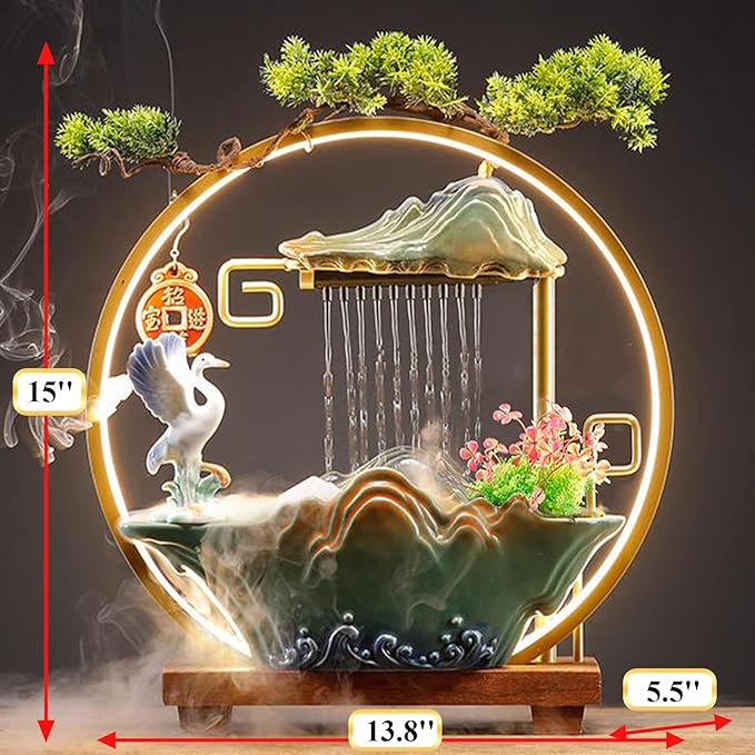 Crane Tabletop Water Fountains Indoor Waterfall with LED Light Desktop Fountain for Meditation with Mist Japanese Fountain with Fake Plants Feng Shui Office Home Decor for Good Luck Wealth - Bloomnest