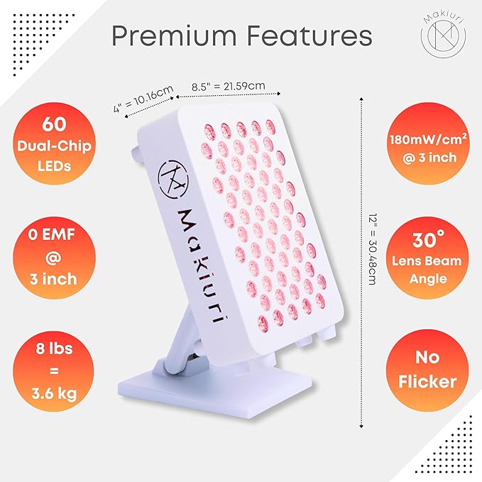 Makiuri Red Light Therapy Panel for Face & Body | 630 nm, 660nm, 810nm, 830nm, 850nm | Clinical Grade Red & Near-Infrared LED Light Therapy (5 Wavelengths) | High Irradiance | Mercury (White 60 LED) Makiuri