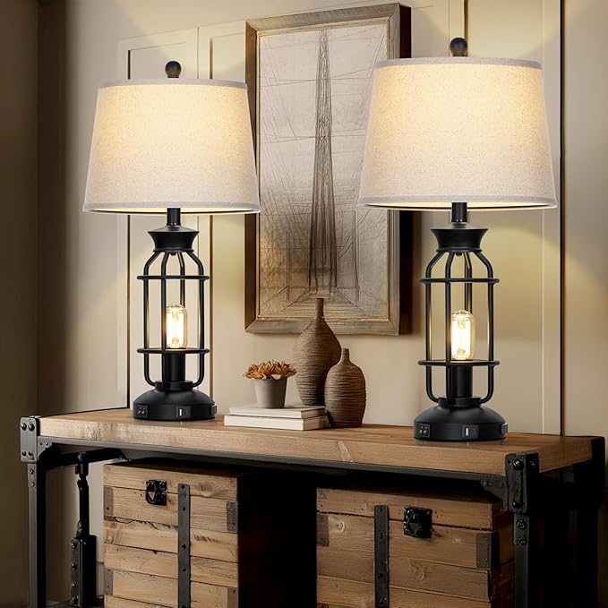 28" Vintage Table Lamps with USB C+A Ports & AC Outlet, Industrial Farmhouse Table Lamp Set of 2, Black Modern Nightstand Beside Lamps with 2 Night Light for Living Room Bedroom(4 LED Bulbs Included) - Bloomnest