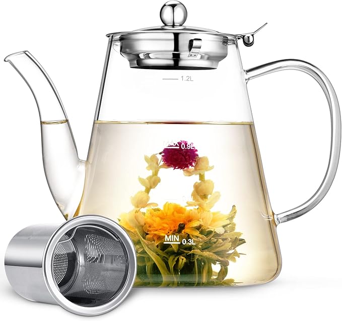 Glass Teapot, 1200ml (40oz) Tea Pot with Infuser for Loose Tea and Blooming Tea, Stovetop Safe Tea Kettle, Hand Crafted Borosilicate Glass Tea Maker with Scale Line, Tea Gift Set for Tea Lovers - Bloomnest