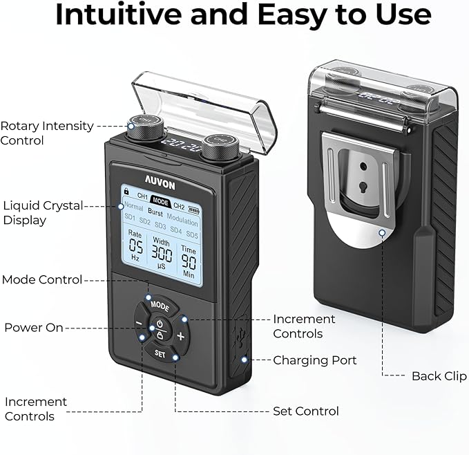 AUVON Rechargeable Digital TENS Unit Muscle Stimulator with 600 mAh Battery, TENS Machine with 8 Customizable Modes, Electric Massager for Shoulder, Back Pain Relief, 6 TENS Pads, A Carry Case