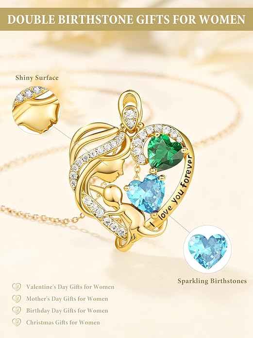 14K Gold Double Birthstone Heart Necklace for Women Mom, Mother Son/Daughter Pendant Necklace for Christmas Mother's Day Birthday Gifts for Wife Daughter Grandmom - Bloomnest