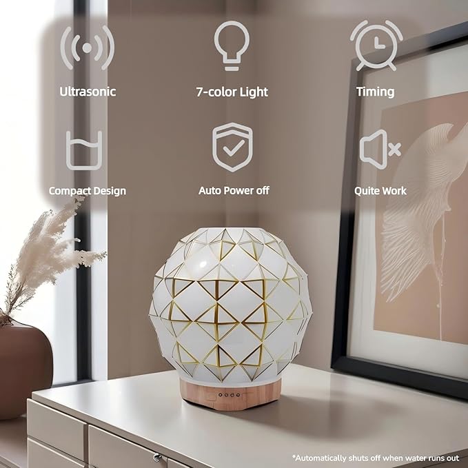 Essential Oil Diffuser, 100ML Handcrafted Glass Aromatherapy Diffuser with 7 Color LED Lights, Remote Control, Cool Mist Humidifier, Timed Mist, Auto Shut-Off (White) YOUENKITY