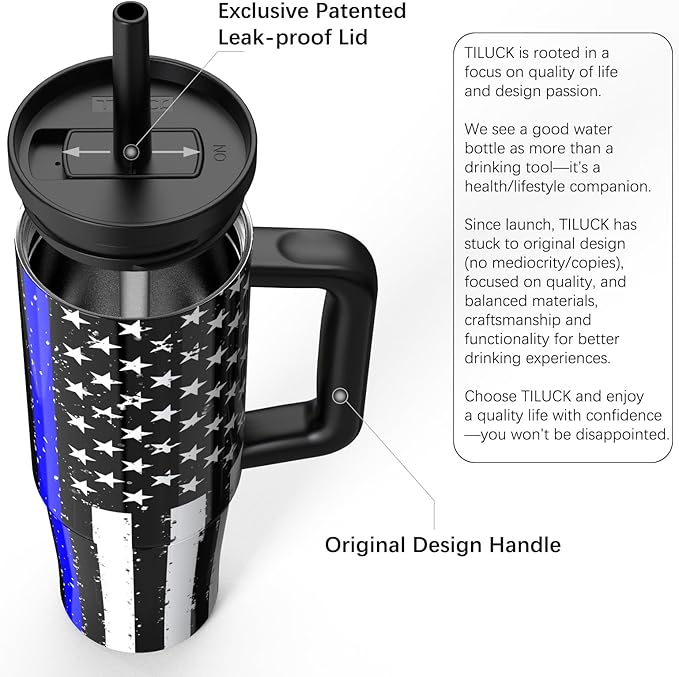 TILUCK 30 oz Tumbler with Handle, Vacuum Insulated Stainless Steel Travel Mug with 100% Leak-Proof Silicone Straw Lid, Cupholder Friendly Water Bottle(BlackFlag, 30oz)