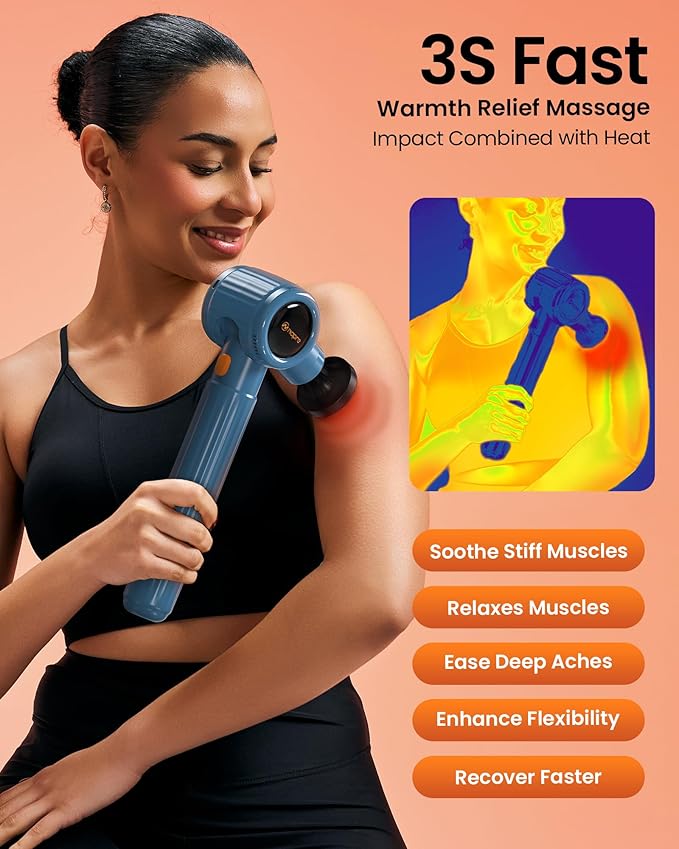 NAPRE Massage Gun with Heat,Massage Gun Deep Tissue with Extension Handle & 3 Adjustable Angles,Handheld Percussion Back Massager for Muscle/Neck/Body Pain Relief with Portable Case,Blue - Bloomnest